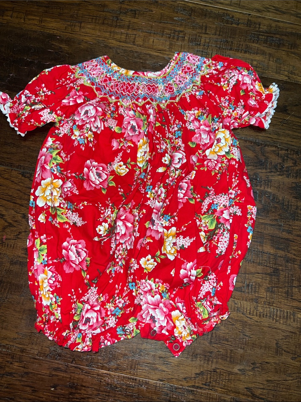 Red Floral Smocked Baby One-Piece Romper